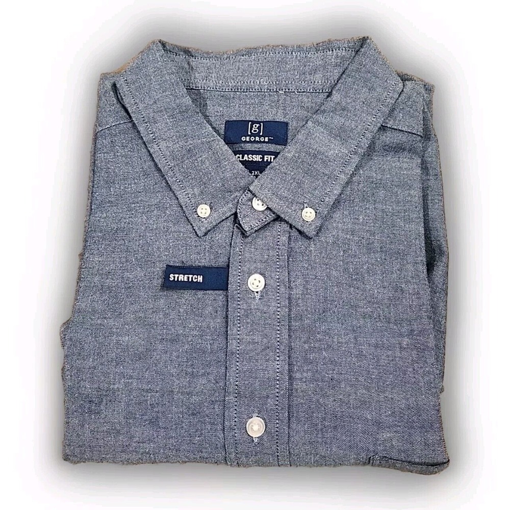 George Men's Size 2XL 50/52 Denim Blue Short Sleeve Poplin Button-Up‎ Shirt